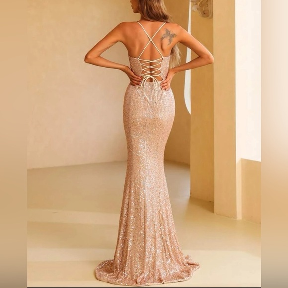 Missord Crisscross Lace Up Zipped Backless Split Thigh Sequin Maxi Dress Size M - Picture 2 of 8